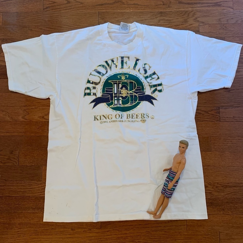 Mens Vintage 1991 White Shirt Budweiser Beer Preppy Textured Souvenir 90s